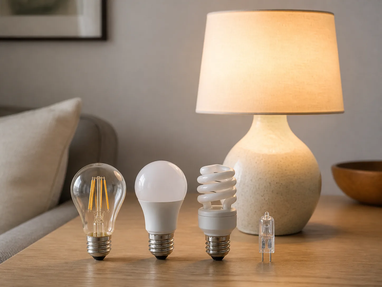 Common bulb types arranged beside a softly lit table lamp