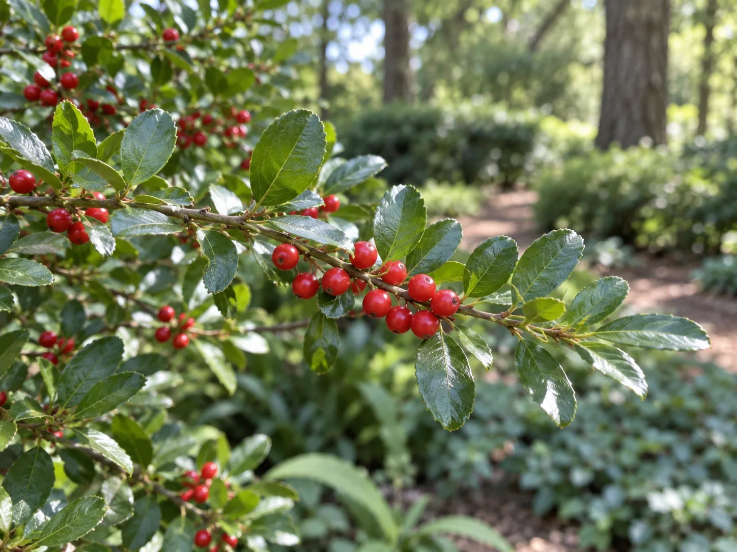 Bright red berries on a female yaupon holly branch among glossy evergreen leaves