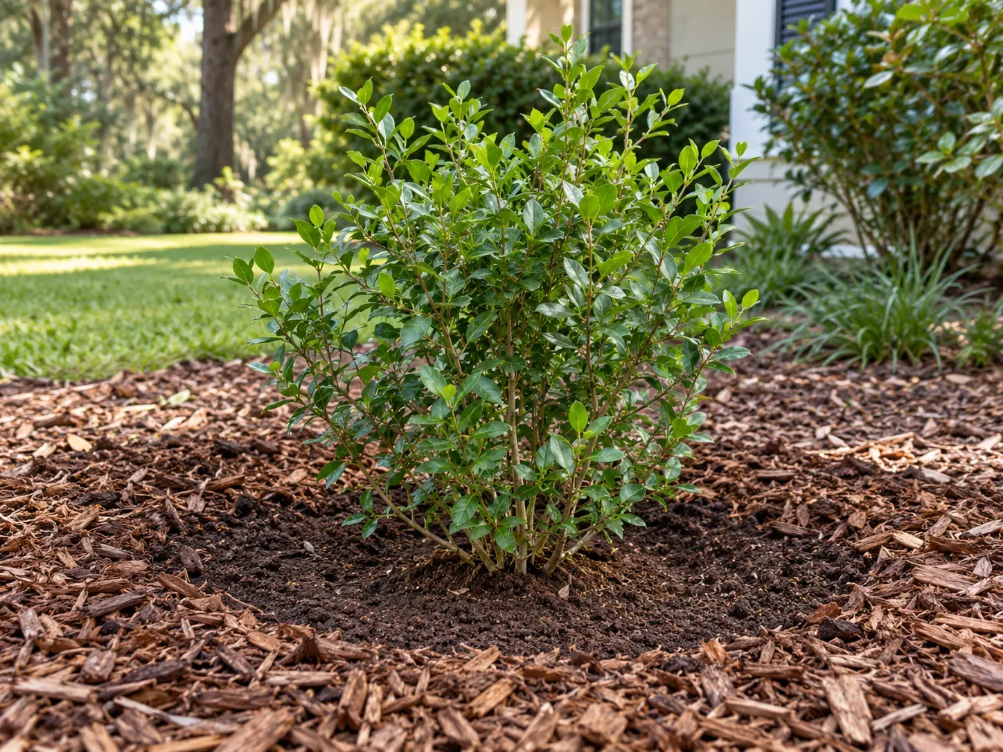A young yaupon holly planted in a wide, mulched garden bed