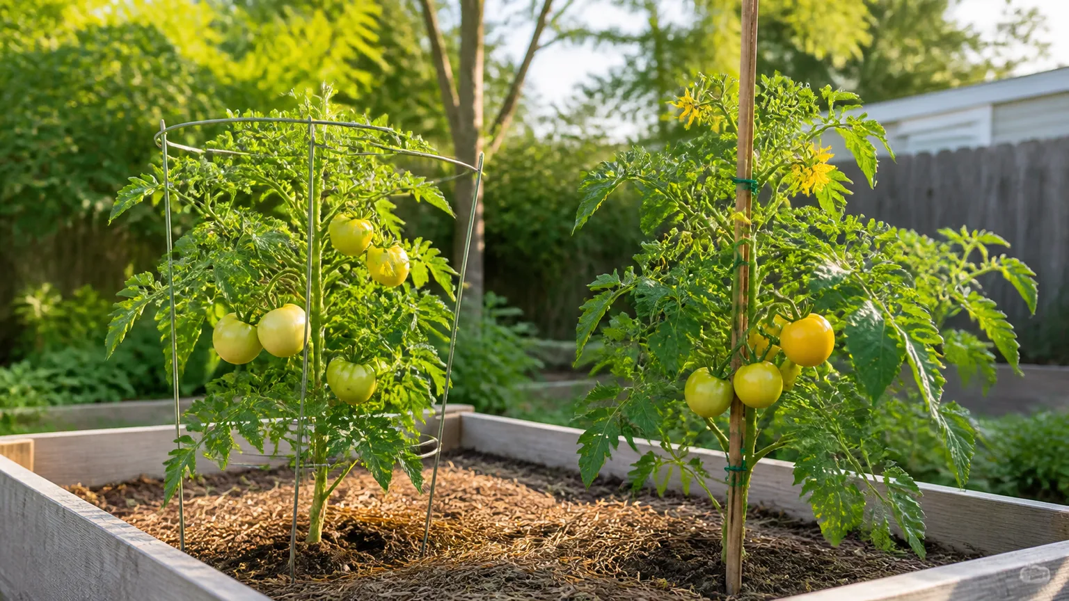 Yellow tomato plants growing in a sunny raised bed with a cage, stake, mulch, and developing fruit