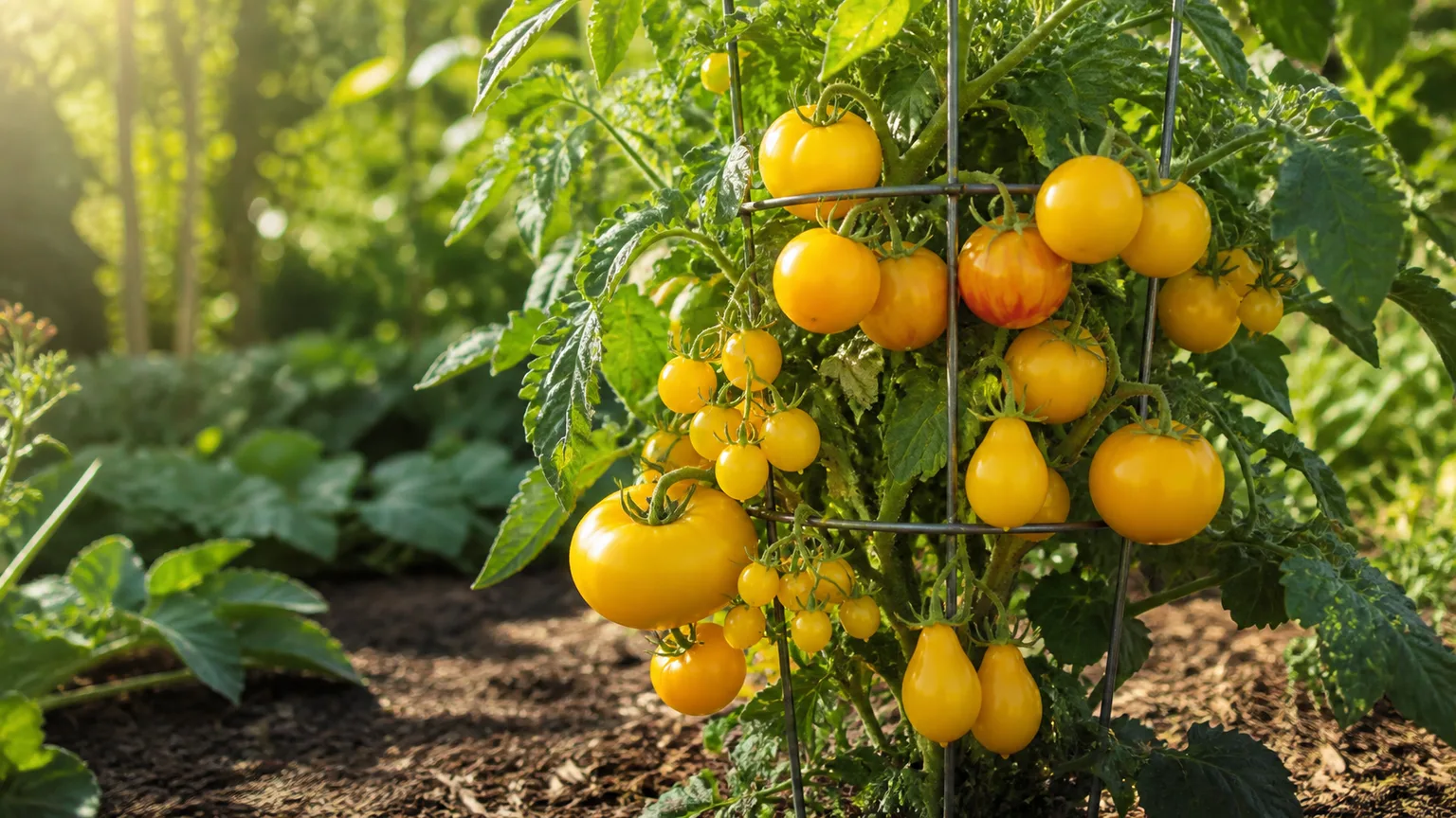 Healthy tomato vine carrying ripe yellow, golden, and striped fruit in a sunny garden