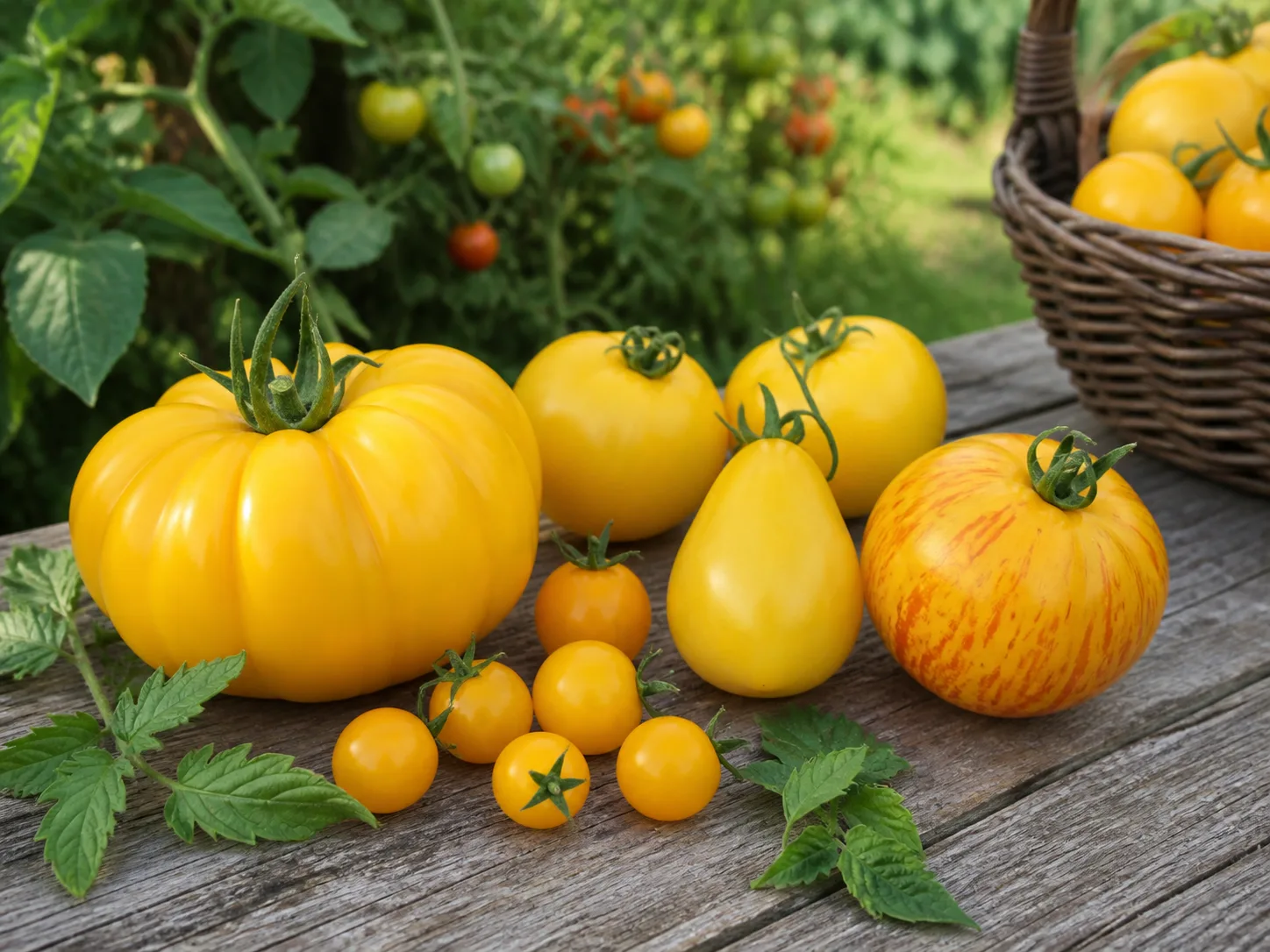 A range of ripe yellow tomato sizes and shapes, from beefsteak to cherry and pear fruit