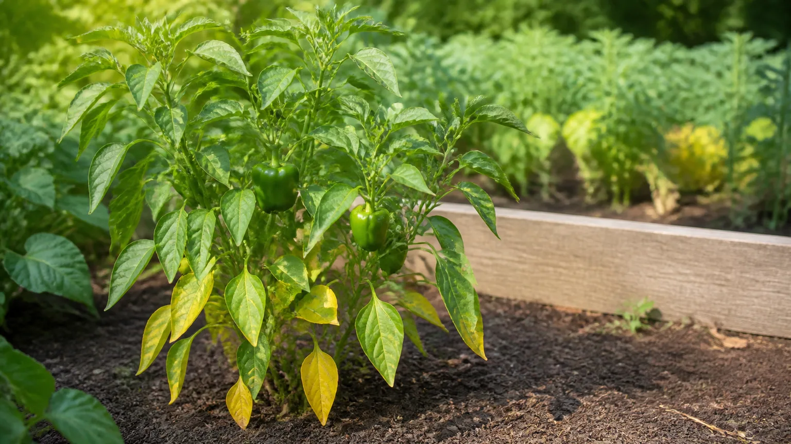 Pepper plant with yellowing lower leaves in a raised garden bed