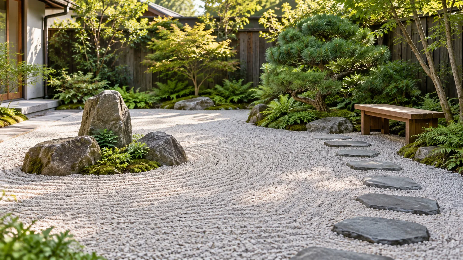 Compact dry landscape garden with pale raked gravel, stone groupings, a winding path, clipped evergreen, ferns, and a wooden bench
