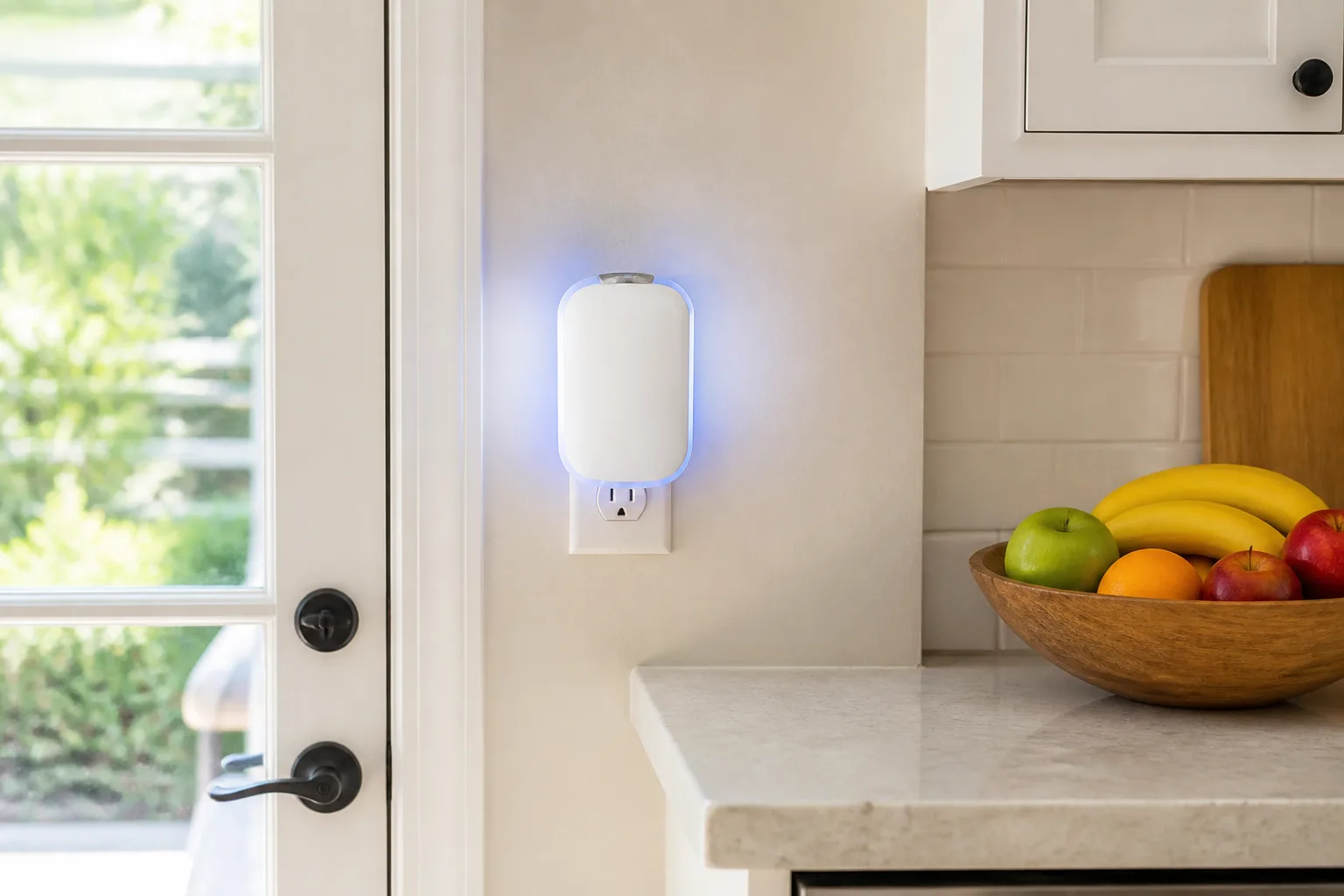 Plug-in, liquid-bait, and yellow sticky fruit-fly traps arranged on a bright kitchen counter