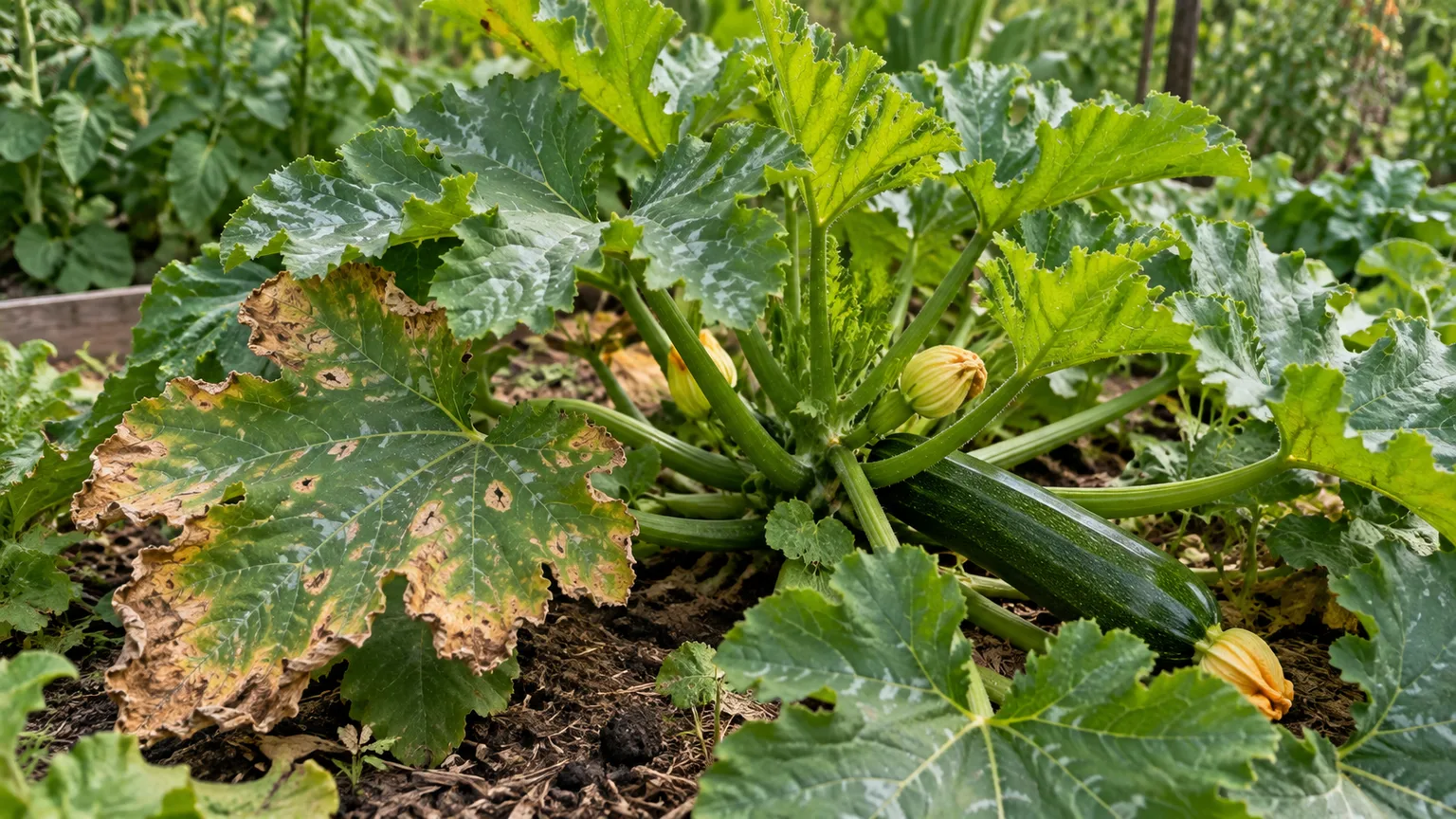 Zucchini plant with mature leaves showing natural-looking tan-brown lesions while new growth remains green