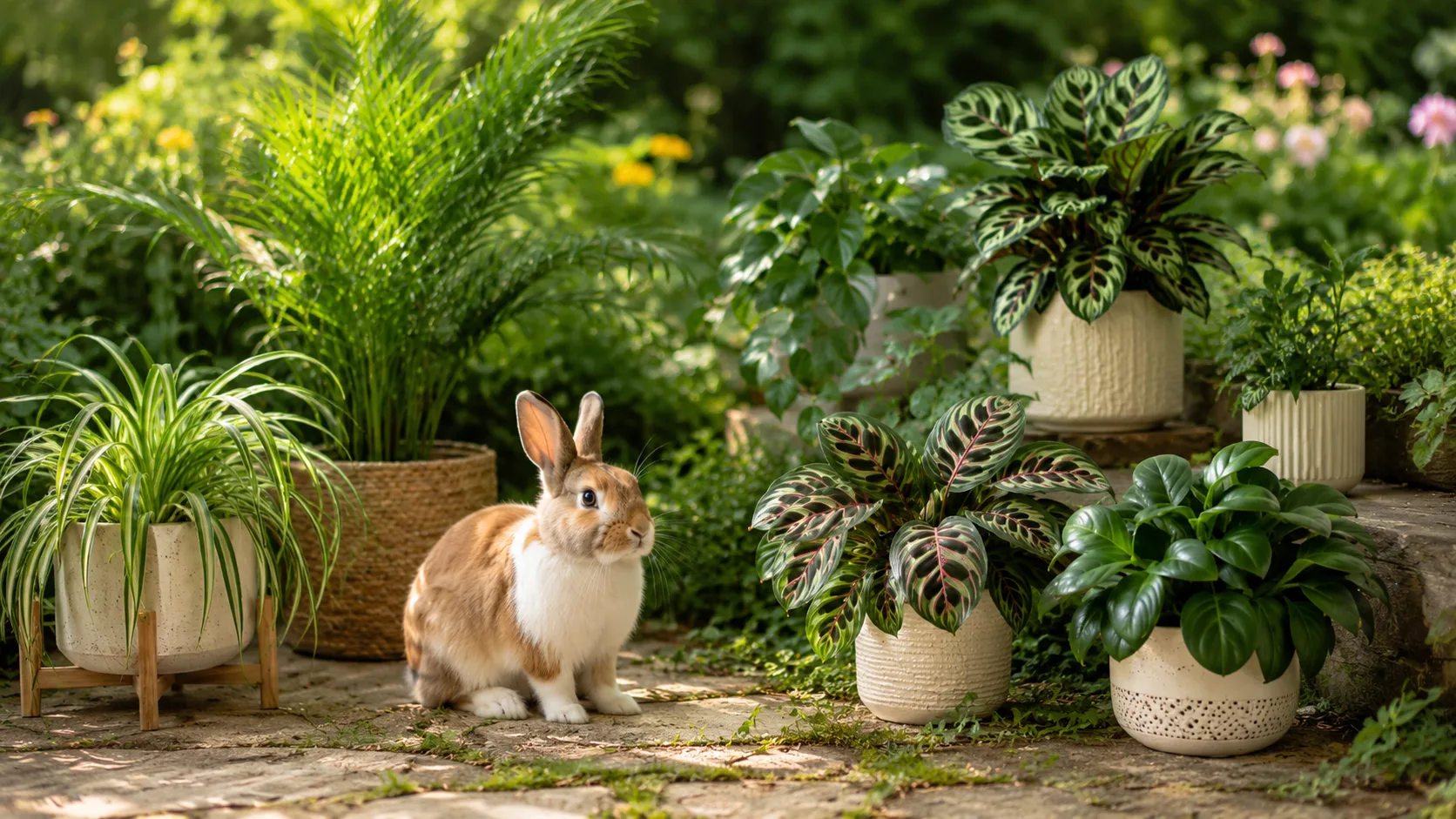 Rabbits with houseplants