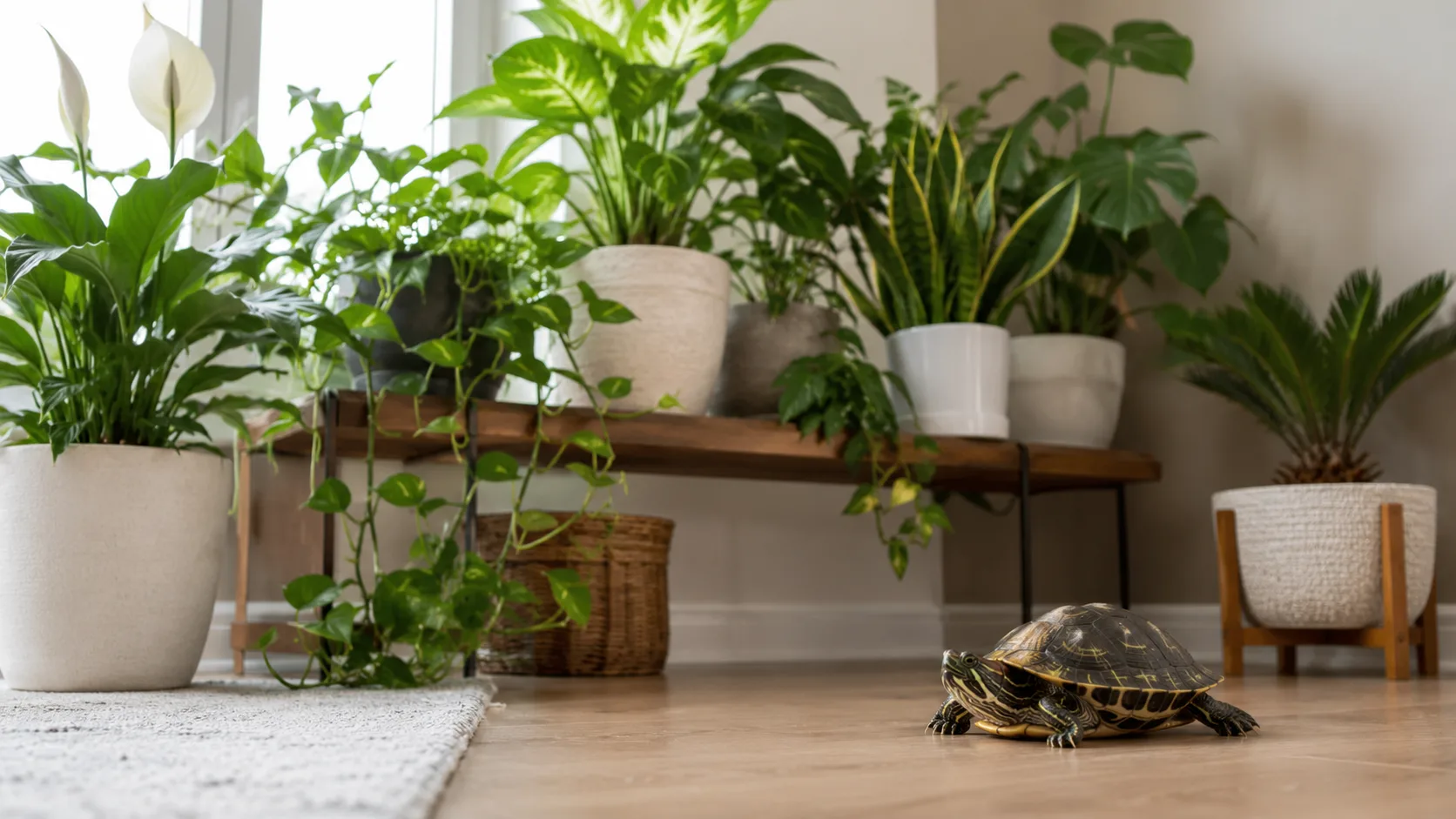 Turtles with houseplants