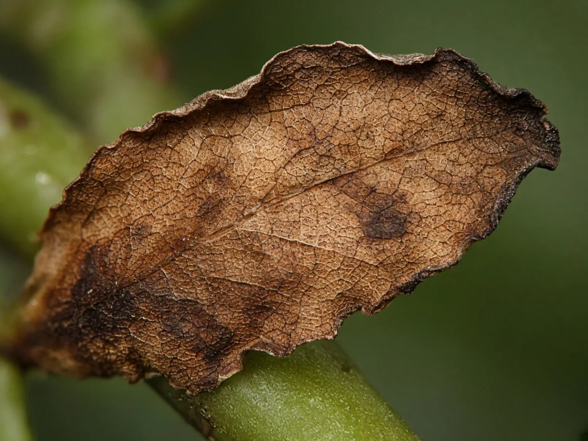 Close-up of brown necrotic Adenium leaf tissue