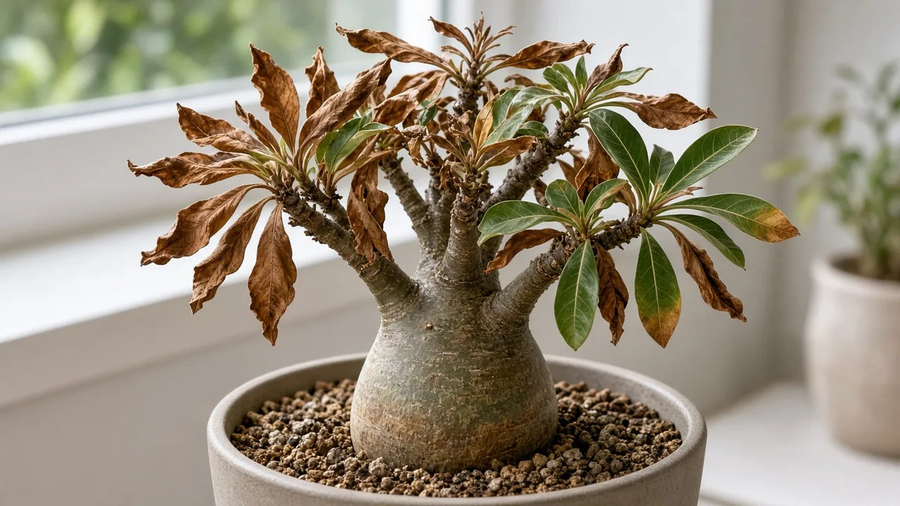 Brown Leaves on Adenium - necrotic brown tissue on Desert Rose