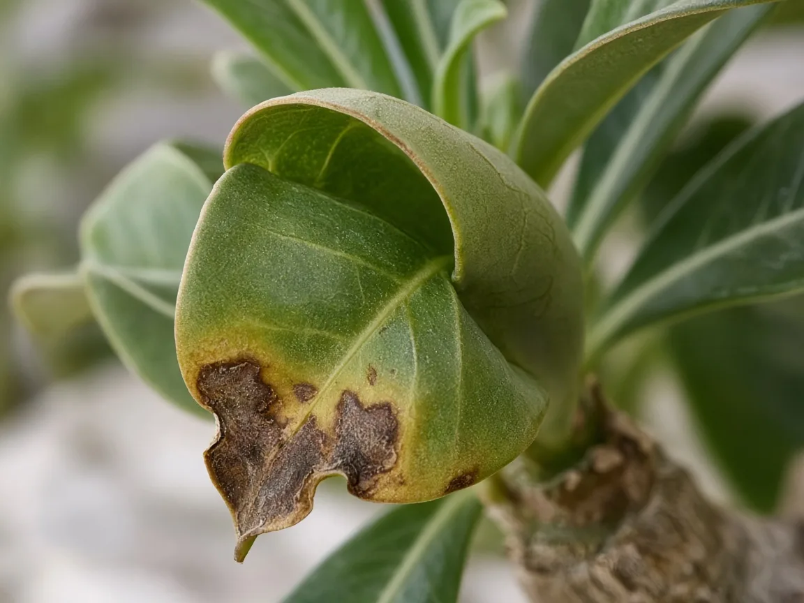Close-up of calcium deficiency on Adenium - cupped new leathery leaf at branch tip