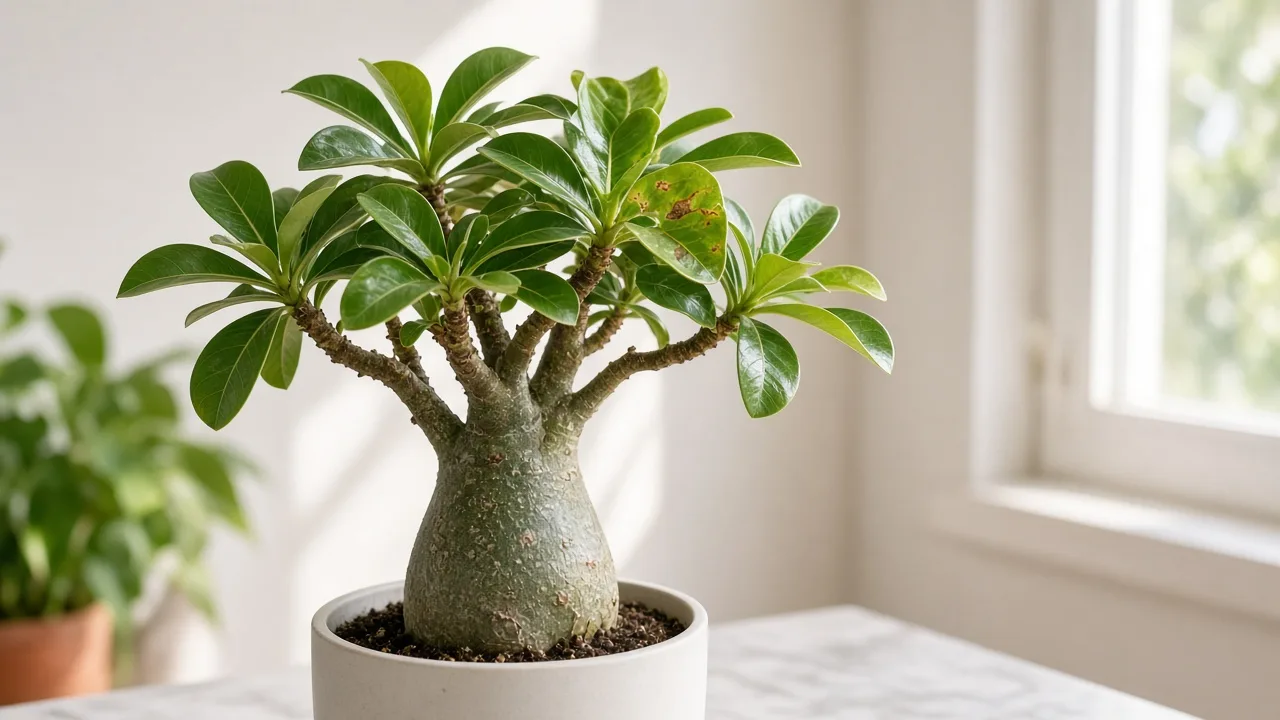Calcium deficiency on Adenium Desert Rose - cupped new leaf at branch tip on swollen caudex