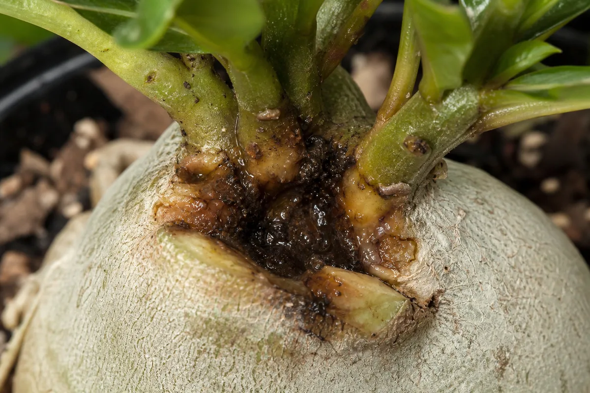Close-up of Crown Rot on Adenium - diagnostic detail