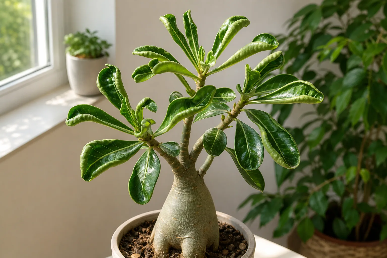 Curling leaves on Adenium - inward cupping along thick glossy leaf margins on a Desert Rose with visible caudex