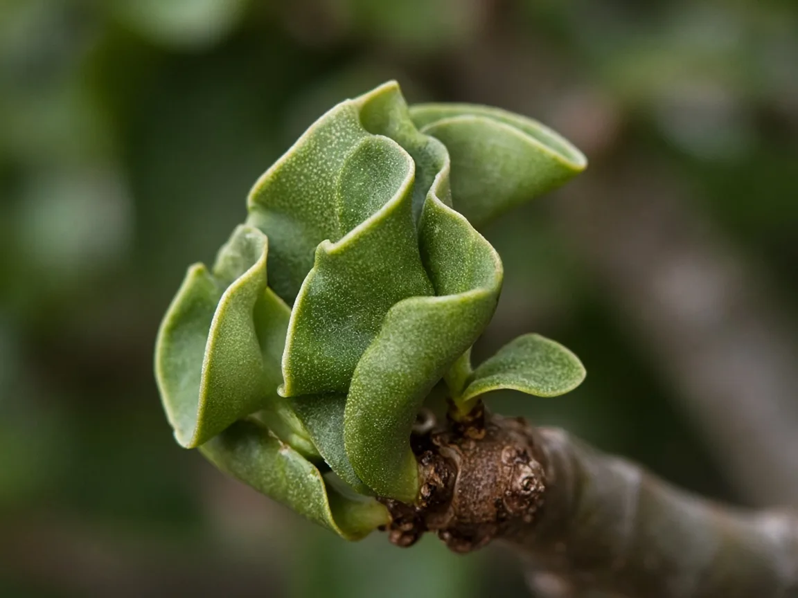 Close-up of twisted puckered Adenium leaf at branch tip