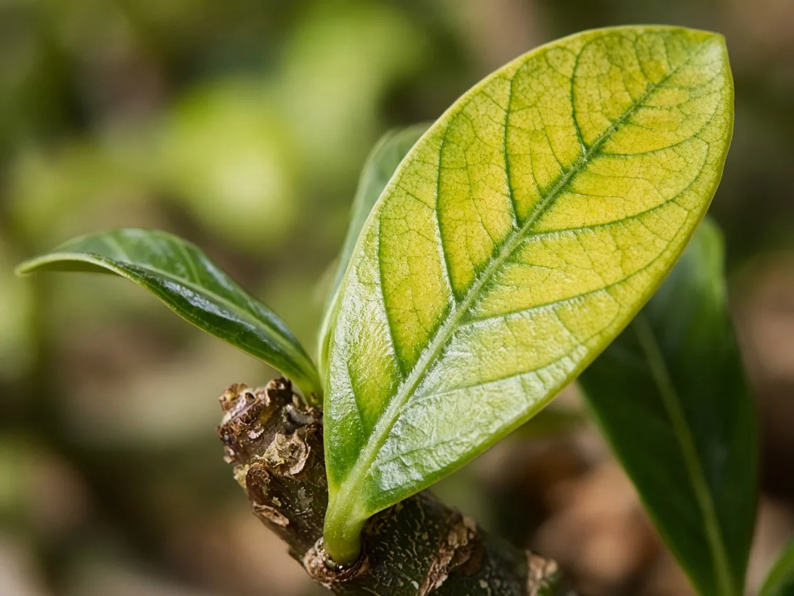 Close-up of interveinal chlorosis on new Adenium glossy leaf at branch tip