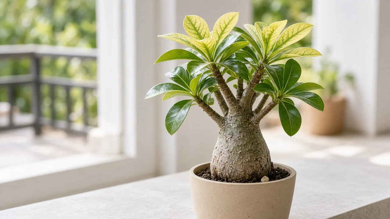 Iron deficiency on Adenium - pale new glossy leaves with green veins at branch tips above a firm caudex