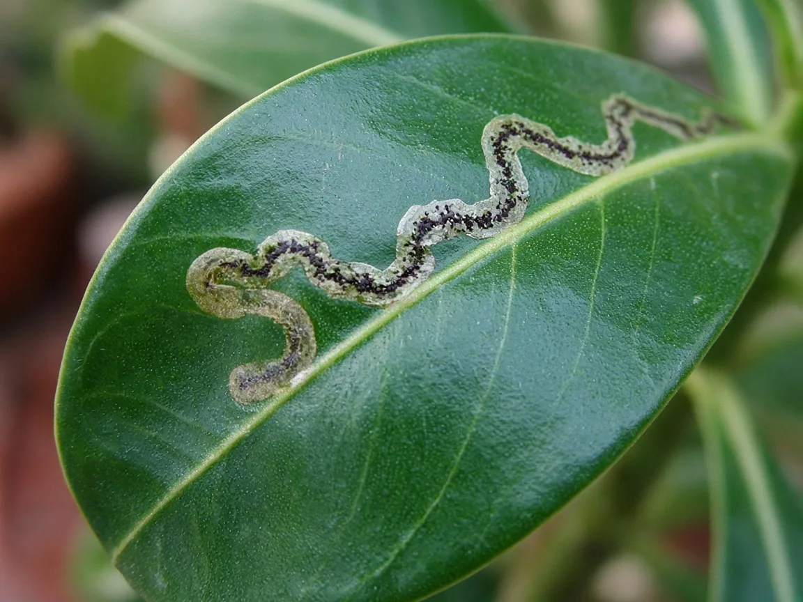 Close-up of leaf miner serpentine tunnel inside an Adenium desert rose succulent leaf