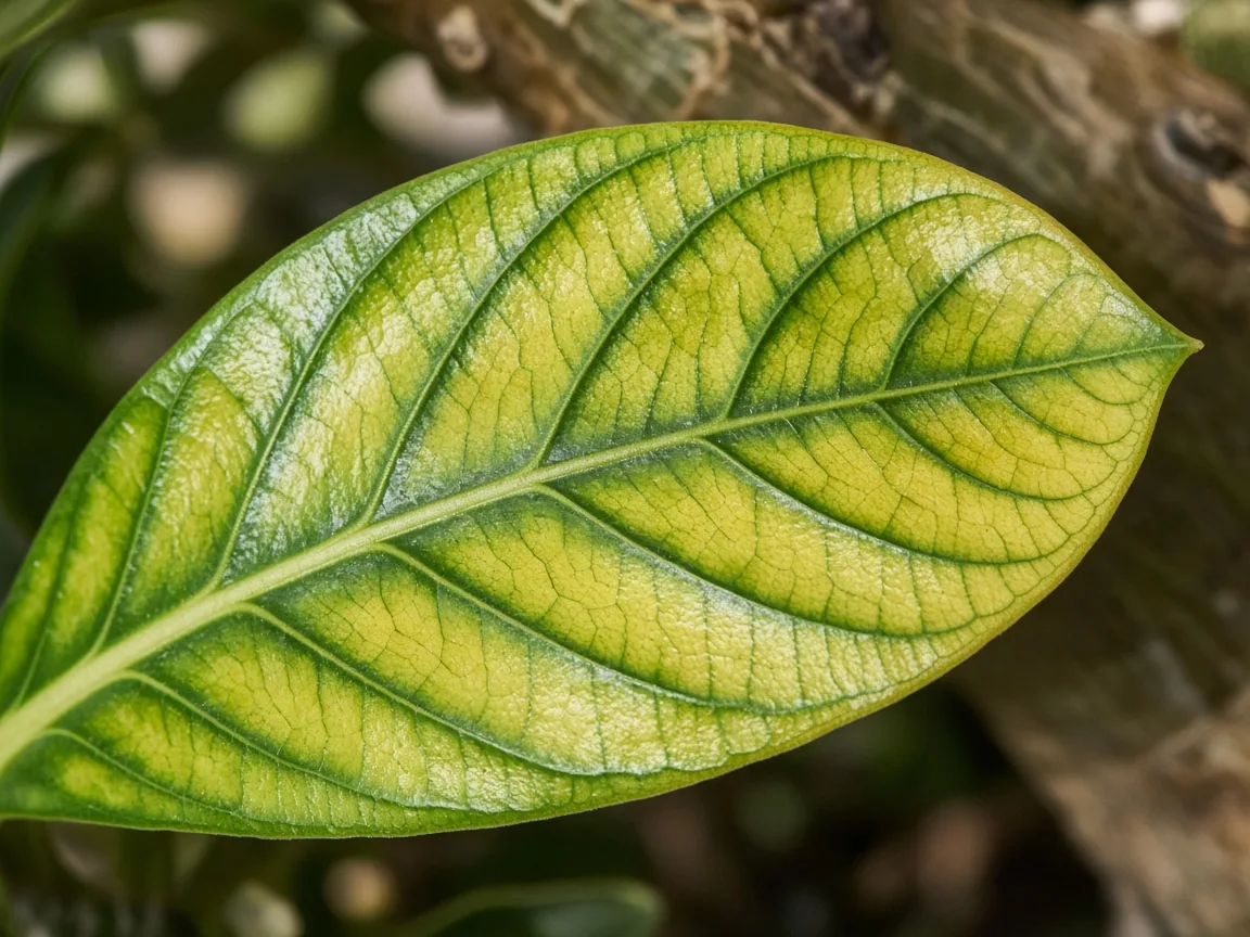 Close-up of interveinal chlorosis on older Adenium desert rose leaf