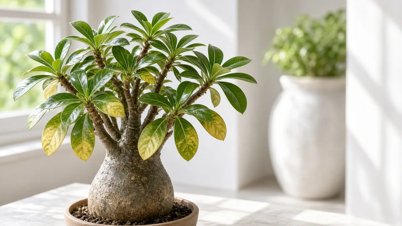 Magnesium deficiency on Adenium desert rose - yellow between green veins on older lower glossy leaves