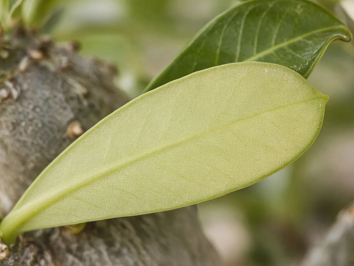 Close-up of nitrogen deficiency on Adenium - uniform pale yellow-green on oldest lower Desert Rose leaf
