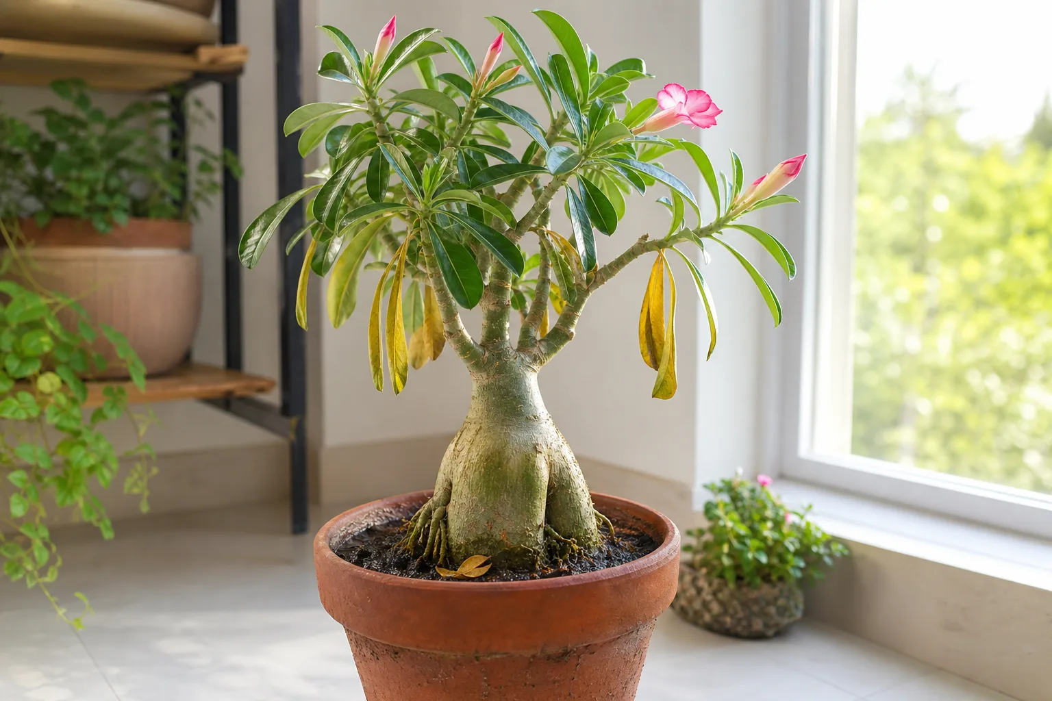 Overwatering on Adenium - damp soil, yellowing limp lower leaves, and a soft spongy caudex on a Desert Rose