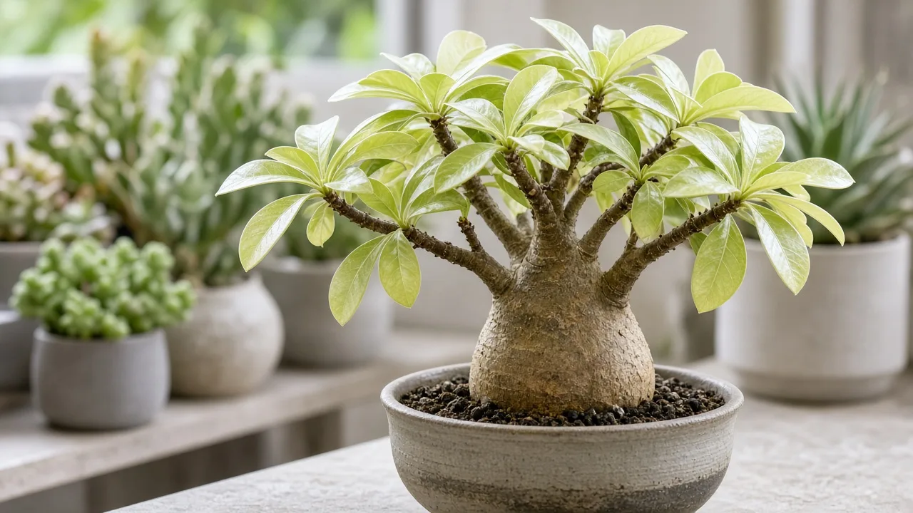 Pale Leaves on Adenium - washed-out yellow-green Desert Rose foliage