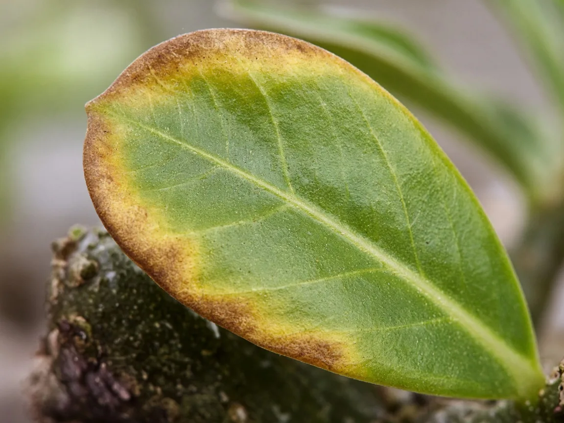 Close-up of potassium deficiency on Adenium desert rose - scorched margin on spoon-shaped leaf