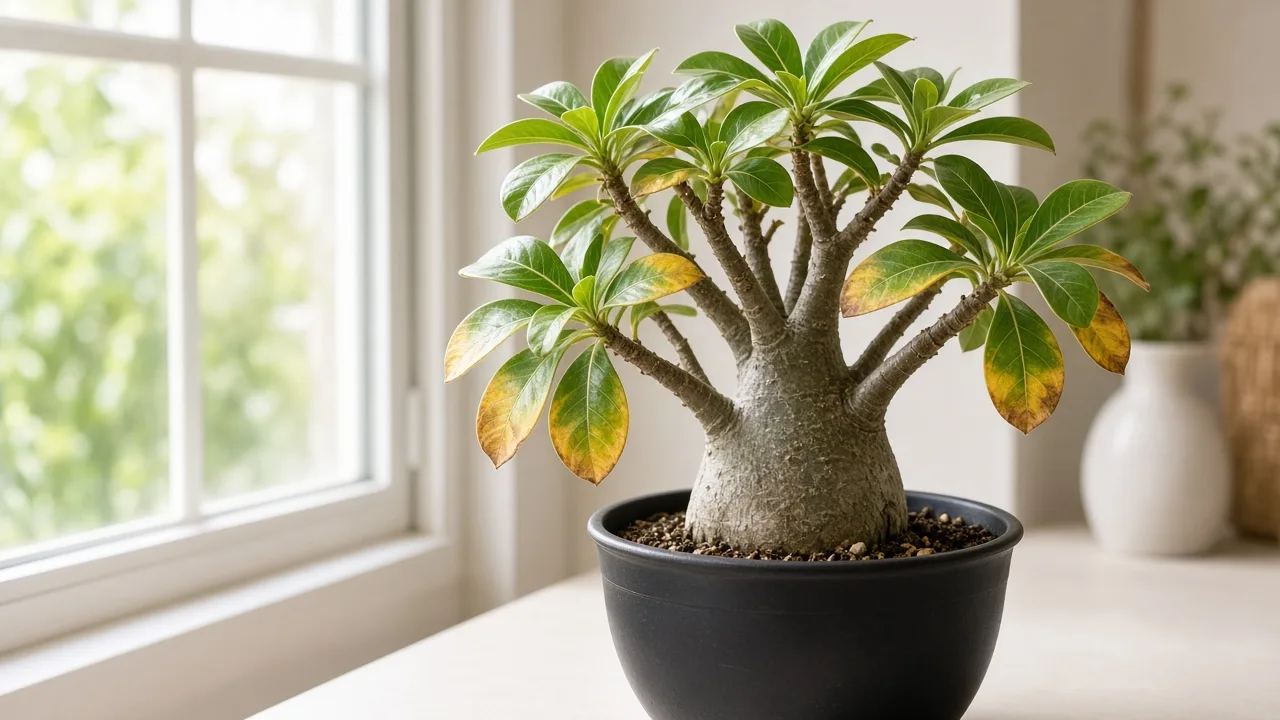 Potassium deficiency on Adenium desert rose - scorched margins on older lower spoon-shaped leaves on a swollen caudex plant