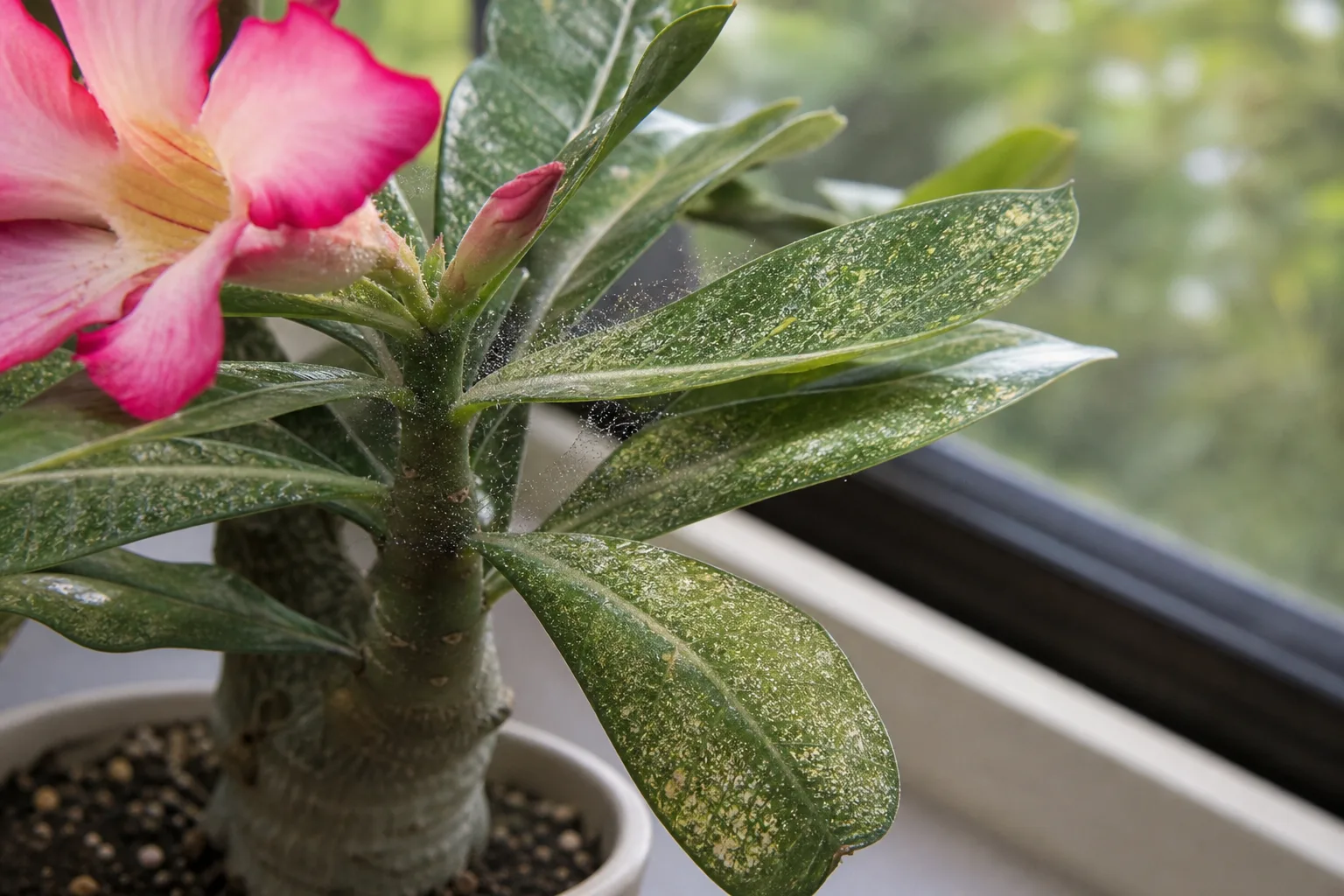 Spider Mites on Adenium - visible symptom on the plant