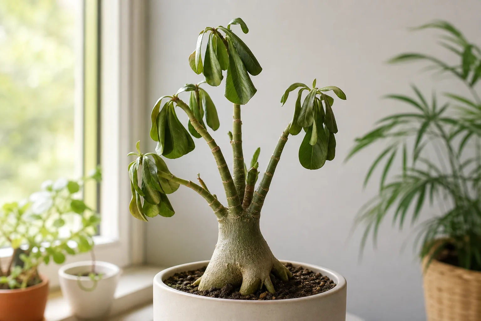 Wilting on Adenium - limp drooping leaves on thick succulent stems with a firm swollen caudex base
