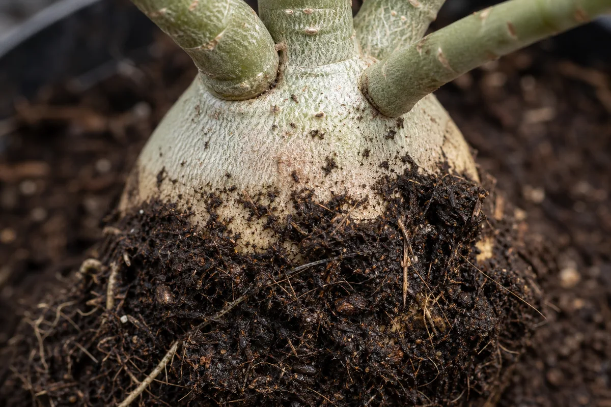 Close view of adenium roots and dense media showing why particle structure and root condition must be inspected together