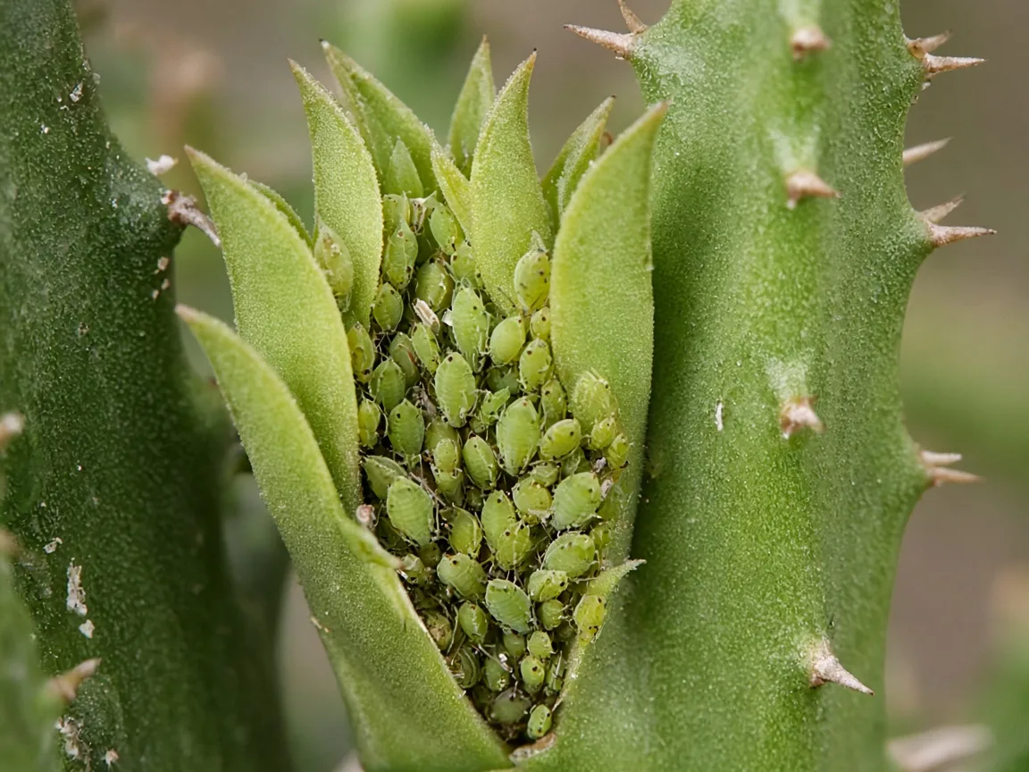 Close-up of soft green aphids clustered on new ridge leaves at an African Milk Tree branch tip