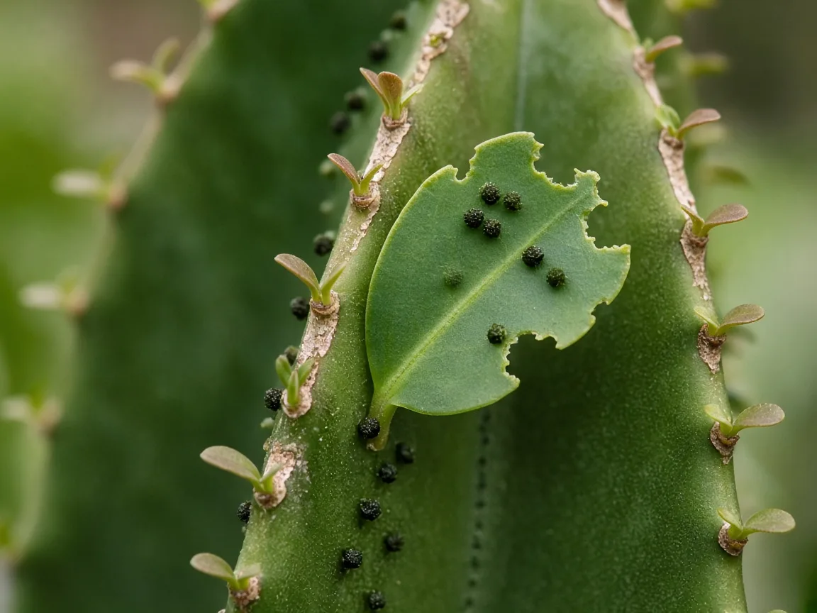 Close-up of caterpillar chew damage on African Milk Tree ridge leaves