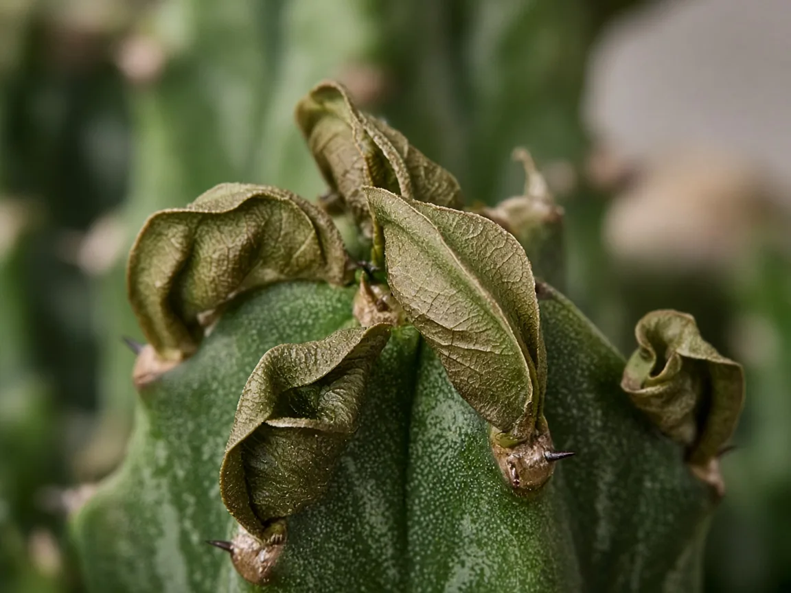 Close-up of curled inward-cupped ridge leaves on African Milk Tree