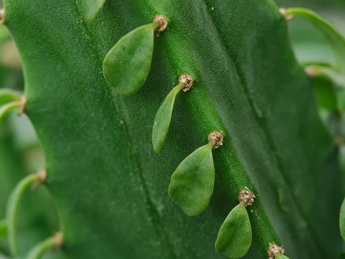 Close-up of limp teardrop ridge leaves hanging downward along a green triangular Euphorbia trigona stem