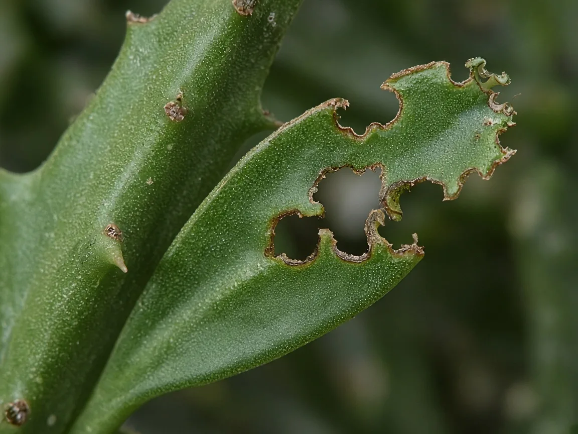 Close-up of holes in African Milk Tree ridge leaves