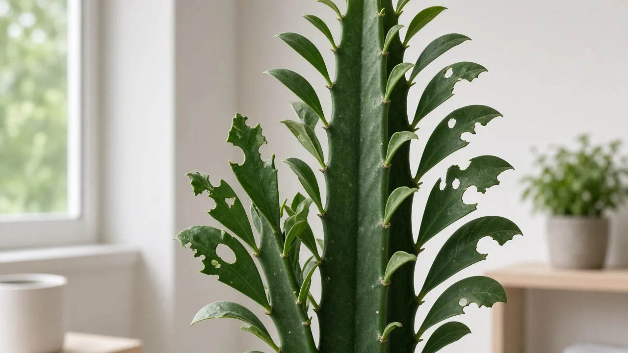Holes in Leaves on African Milk Tree - chew damage on ridge foliage