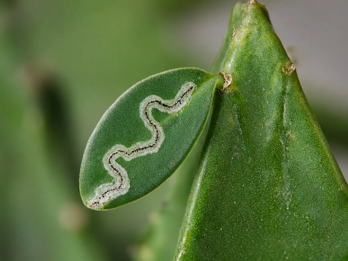 Close-up of leaf miner serpentine tunnel inside an African Milk Tree ridge leaf