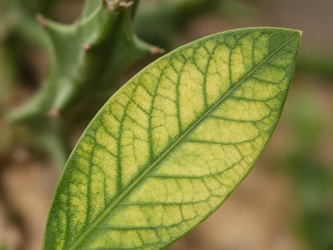 Close-up of interveinal chlorosis on an older African Milk Tree ridge leaf