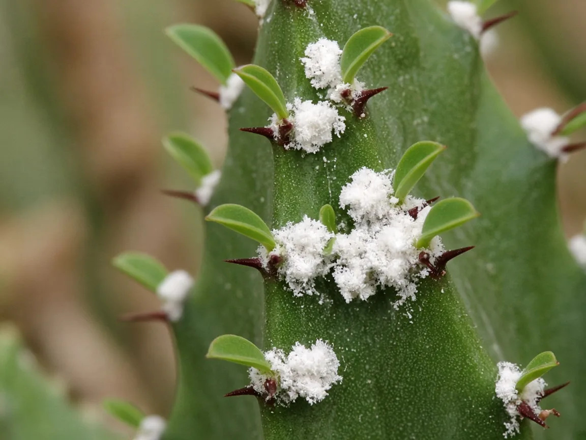 Close-up of white cottony mealybug clusters nestled in an African Milk Tree ridge leaf groove