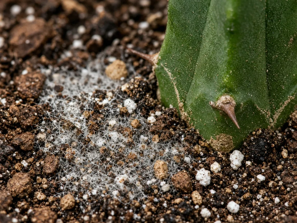 Close-up of mold on soil on African Milk Tree - white fuzzy threads on damp cactus mix at the stem base