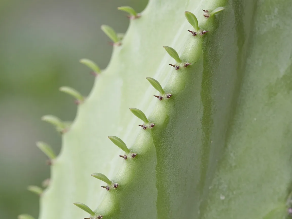 Close-up of pale stretched ridge leaves with wide gaps along a leaning African Milk Tree stem