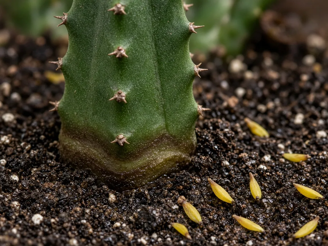 Close-up of soft dull stem base and yellow ridge leaves on wet soil