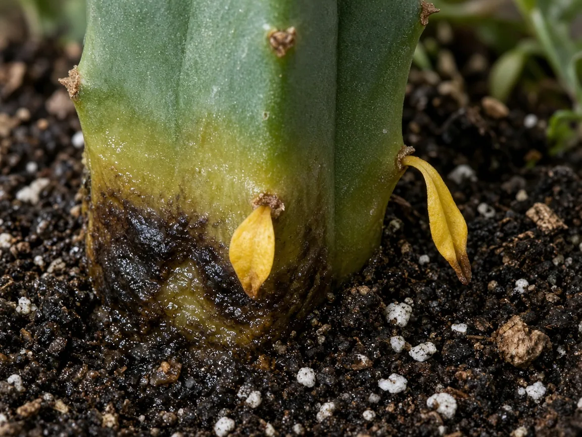 Close-up of soft black stem base and mushy tissue at soil line on African milk tree