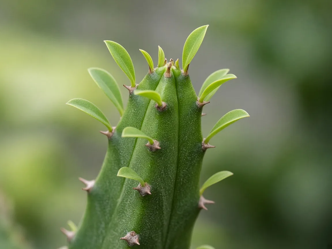 Close-up of firm African Milk Tree branch tip with no fresh teardrop ridge leaves and tight older spacing along the triangular stem