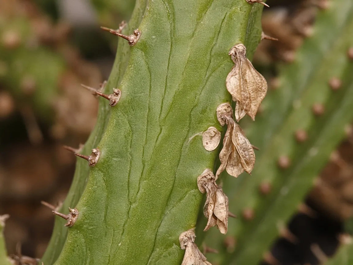 Close-up of subtly wrinkled green triangular Euphorbia trigona stem with sparse dry ridge leaves