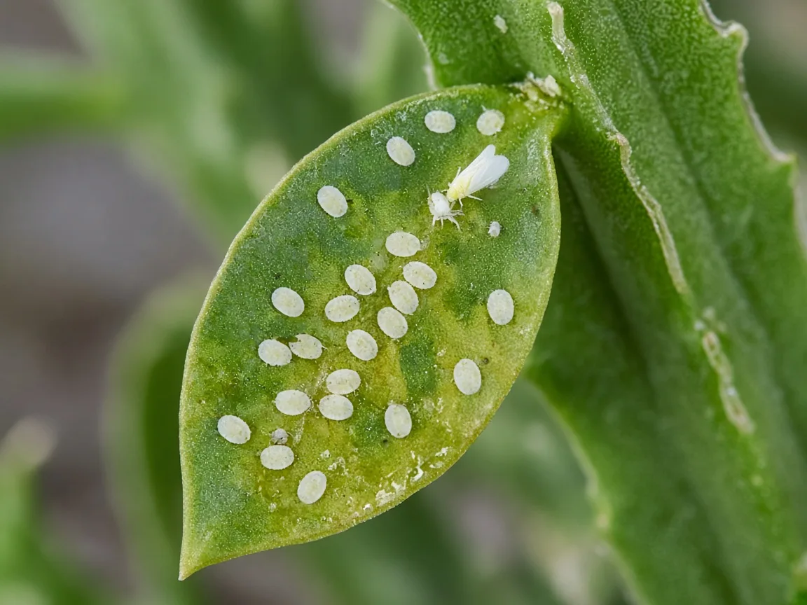 Close-up of whitefly nymph disks on the underside of an African Milk Tree teardrop ridge leaf
