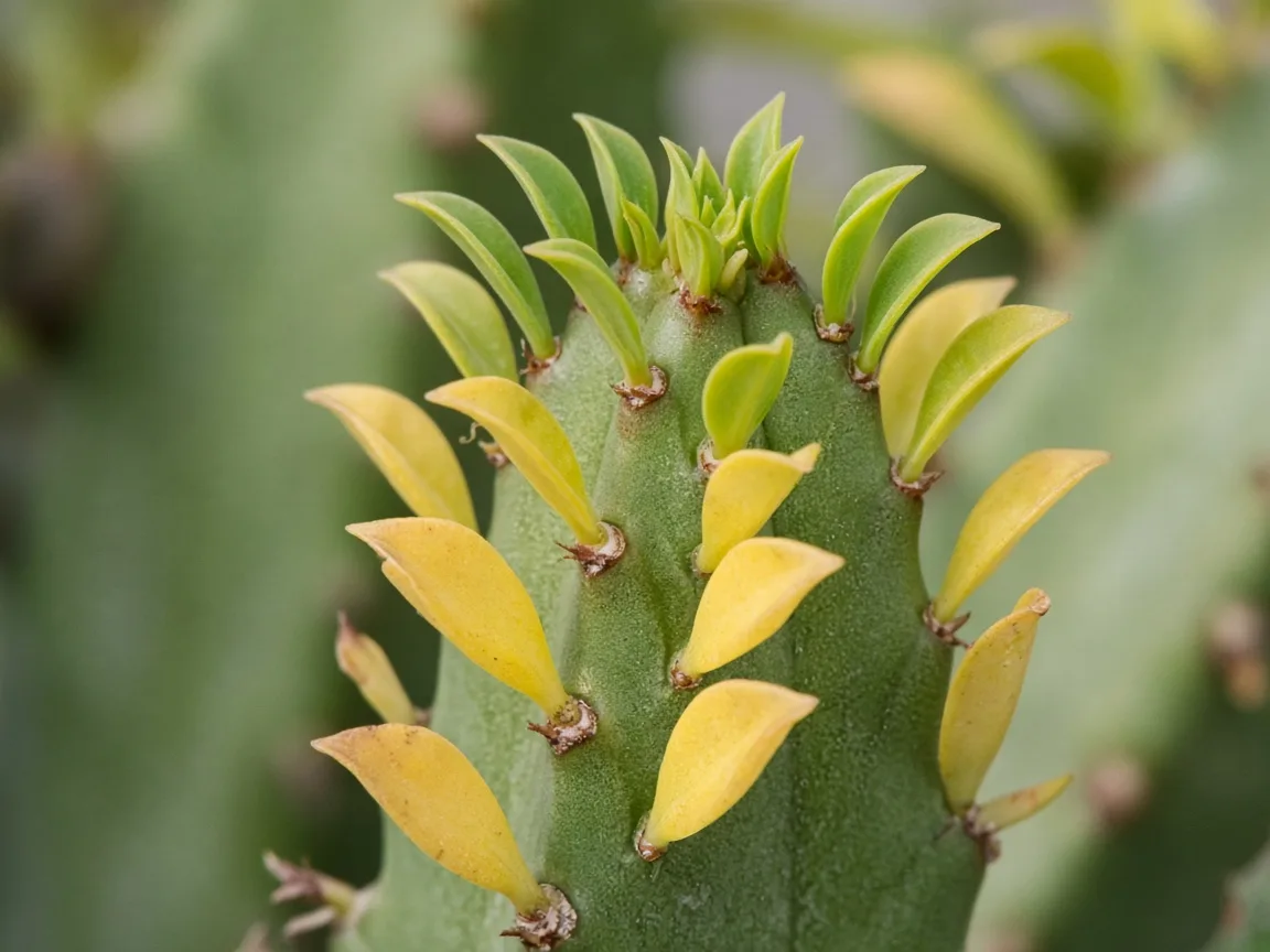 Close-up of yellow teardrop ridge leaves along a triangular Euphorbia trigona stem