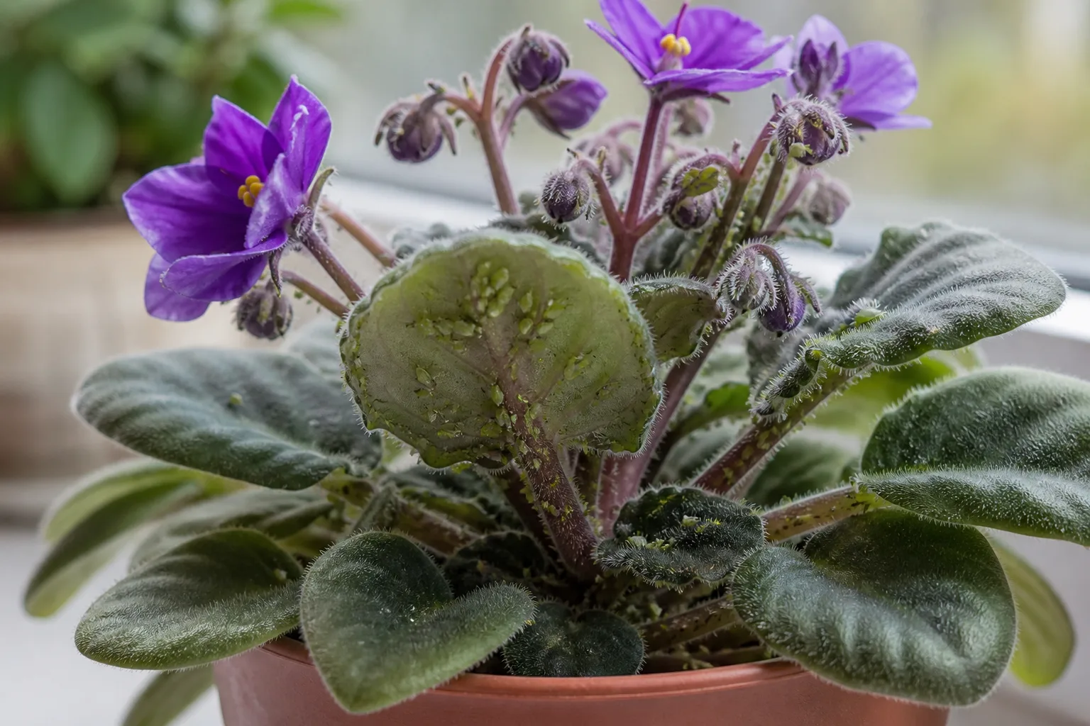 Aphids on African Violet - visible symptom on the plant